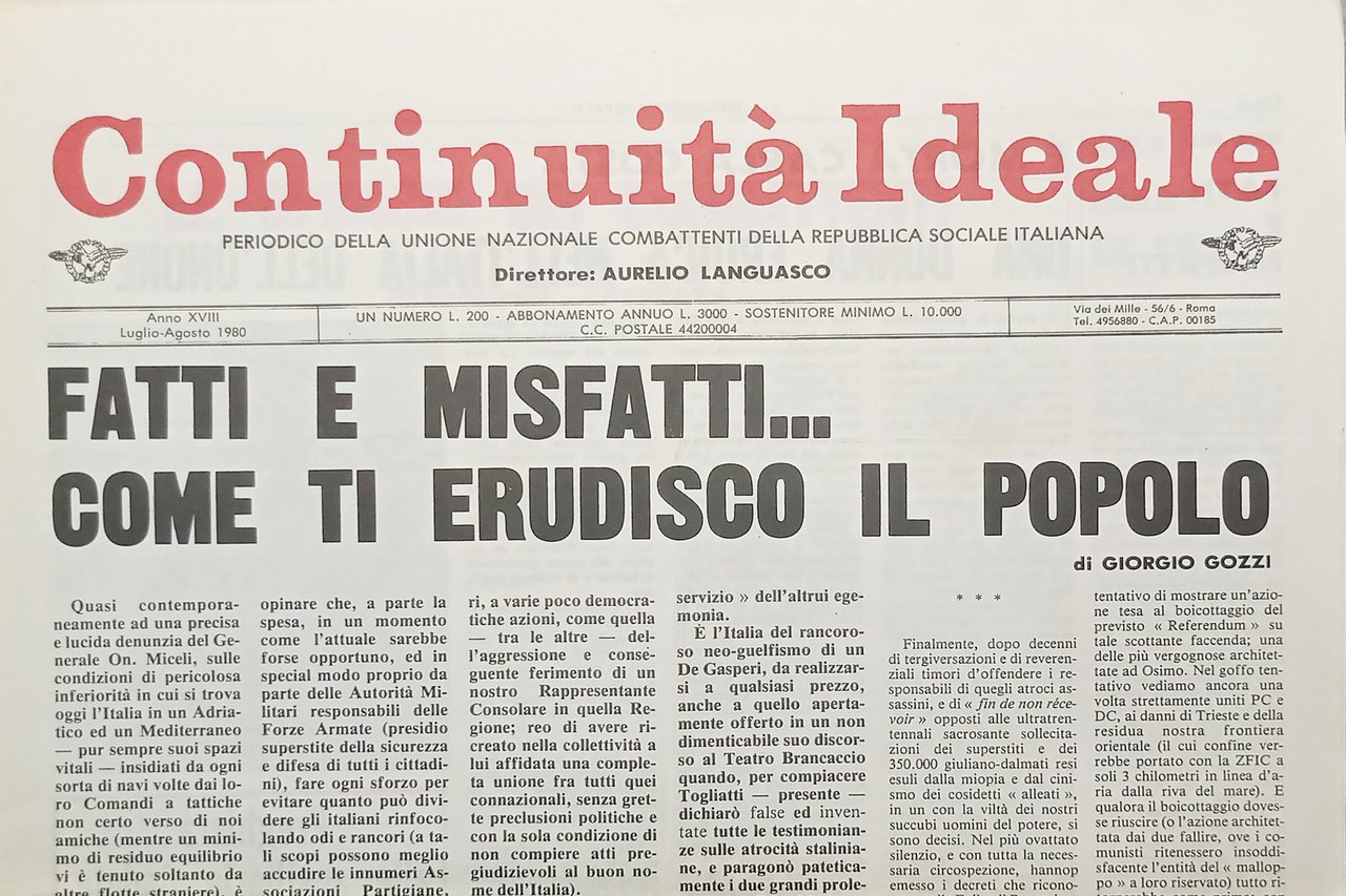 Periodico Unione Nazionale Combattenti RSI Continuità Ideale Luglio/Agosto 1980