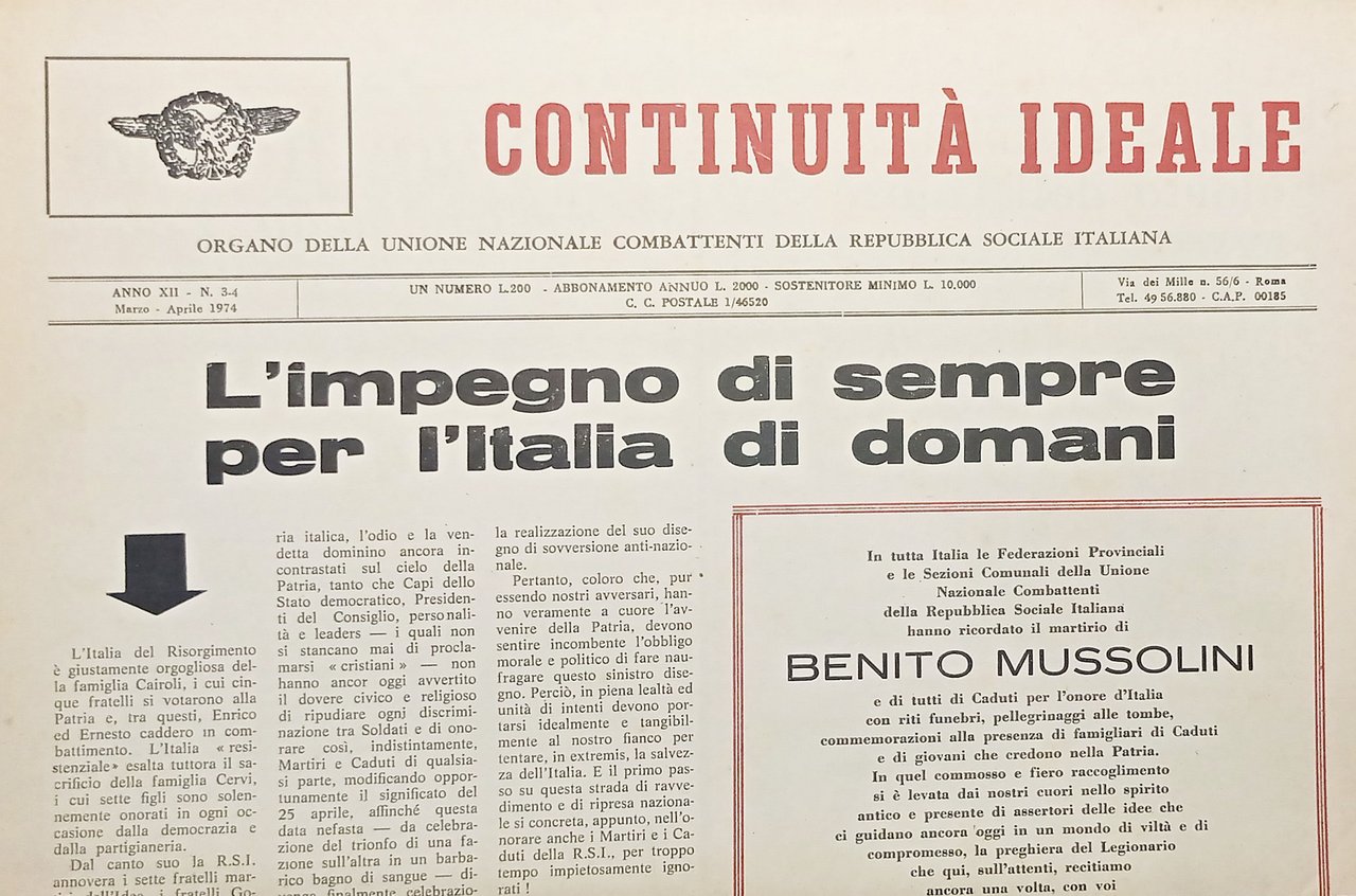 Periodico Unione Nazionale Combattenti RSI Continuità Ideale N. 3/4 - …