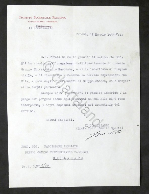 PNF - Federazione Varese - Lettera autografo commissario Giulio Spelta …
