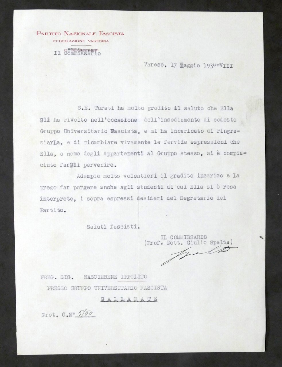 PNF - Federazione Varese - Lettera autografo commissario Giulio Spelta …