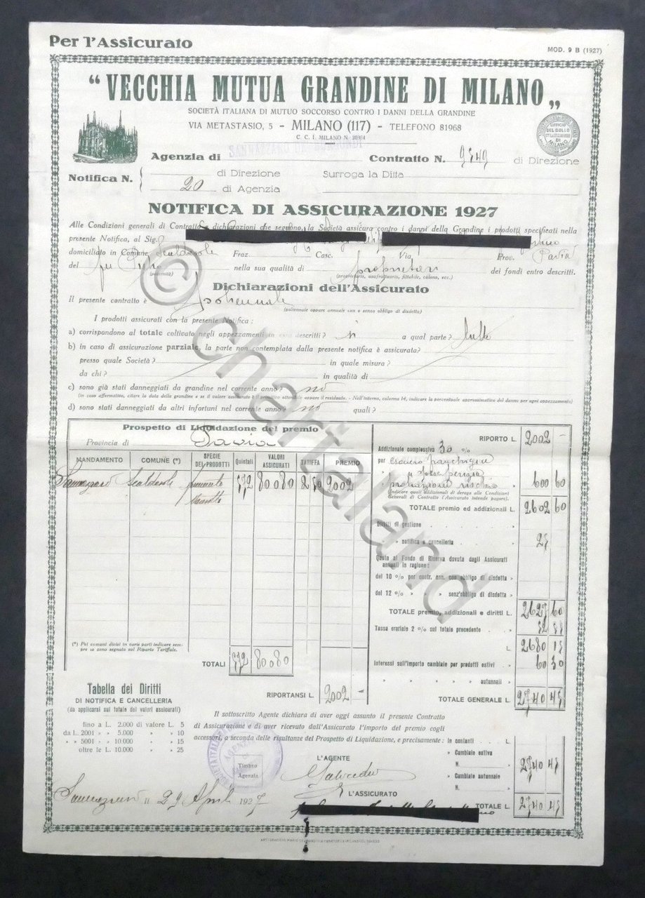 Polizza Assicurazione - Vecchia Mutua Grandine di Milano - 1927