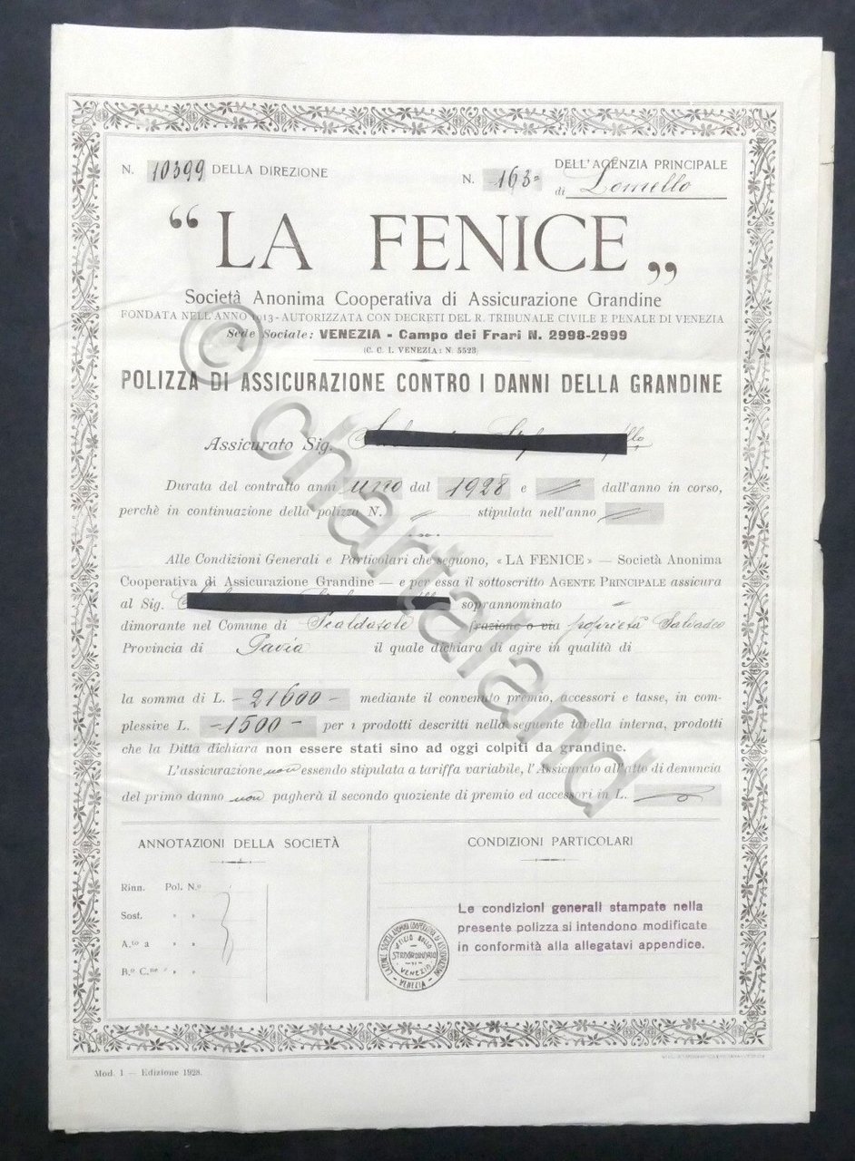 Polizza Assicurazione contro danni Grandine - Società La Fenice - …