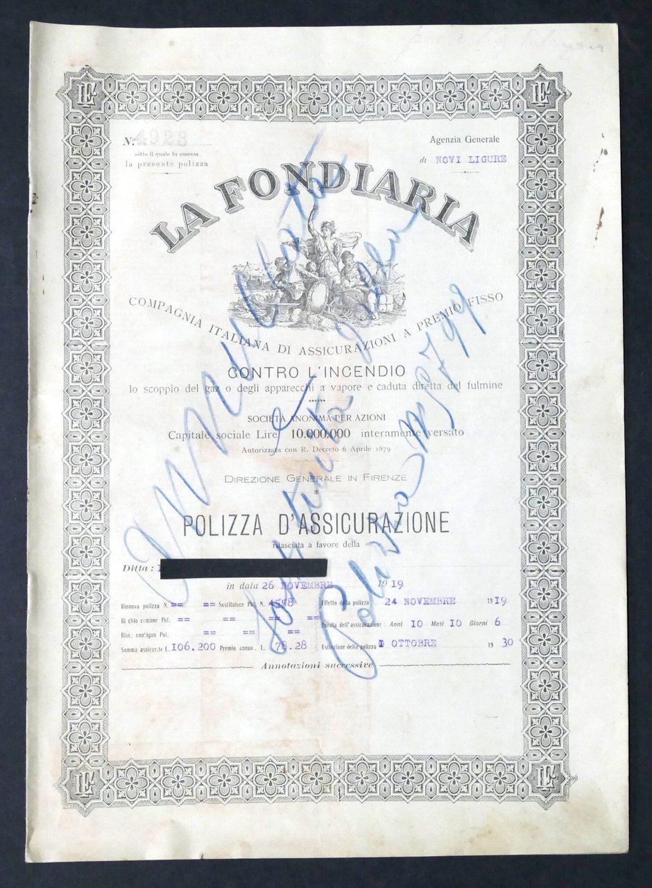 Polizza di Assicurazione contro incendio - La Fondiaria - Ag. … | Immagine principale