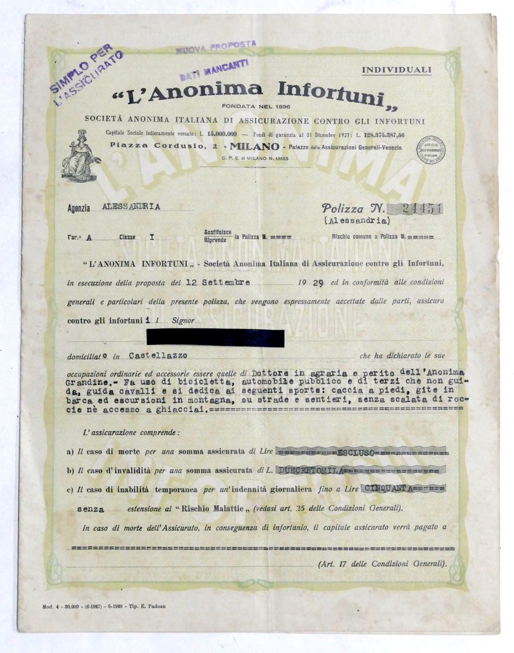 Polizza L'Anonima Infortuni - Società di Assicurazione - Alessandria - … | Immagine principale