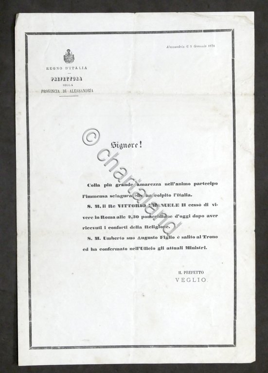 Prefettura Alessandria Lettera condoglianze morte Re Vittorio Emanuele II 1878