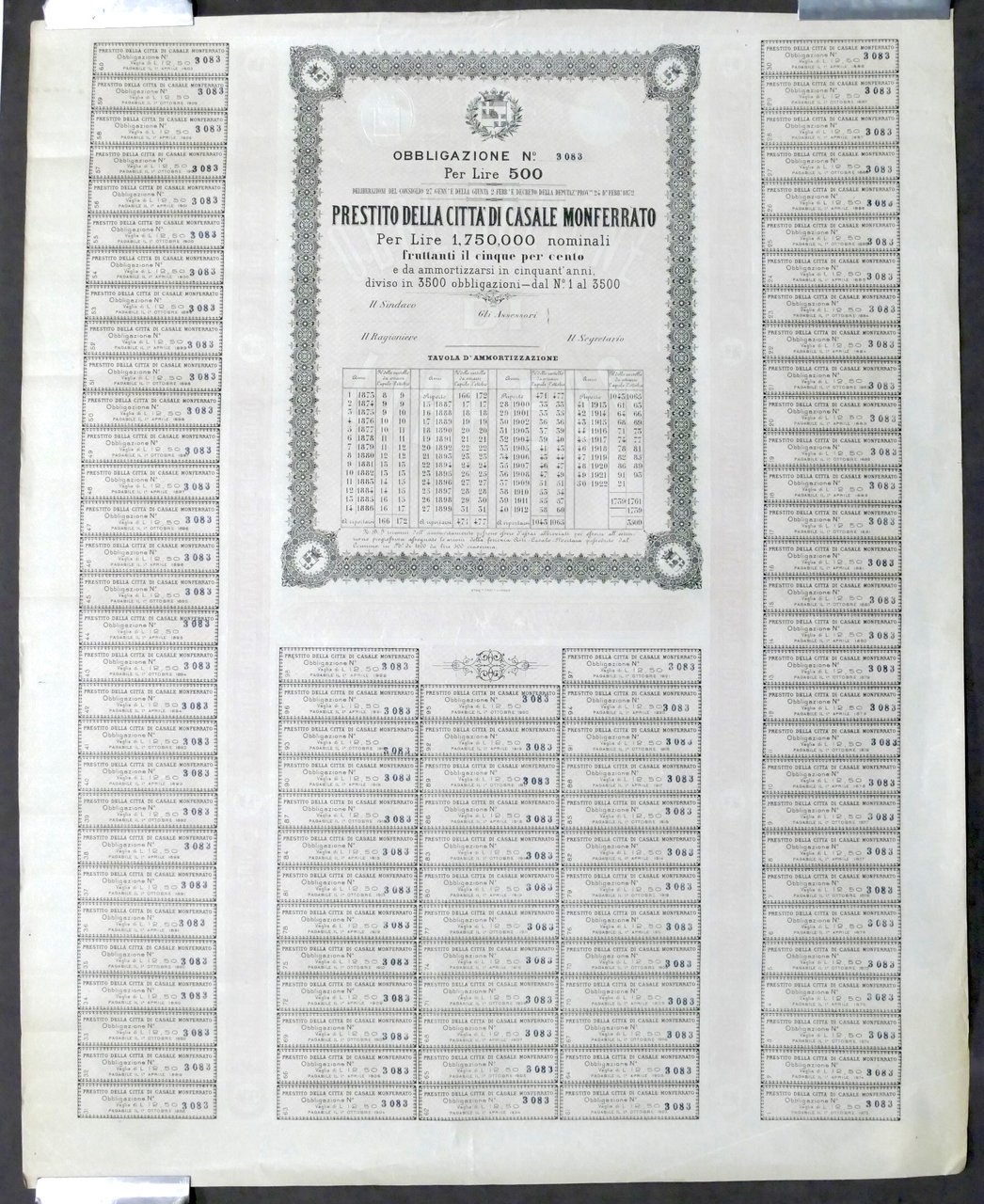 Prestito Città Casale - Obbligazione L. 500 - 1872 - …