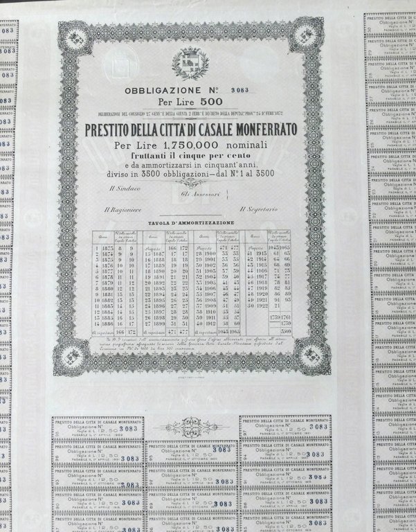 Prestito Città Casale - Obbligazione L. 500 - 1872 - …
