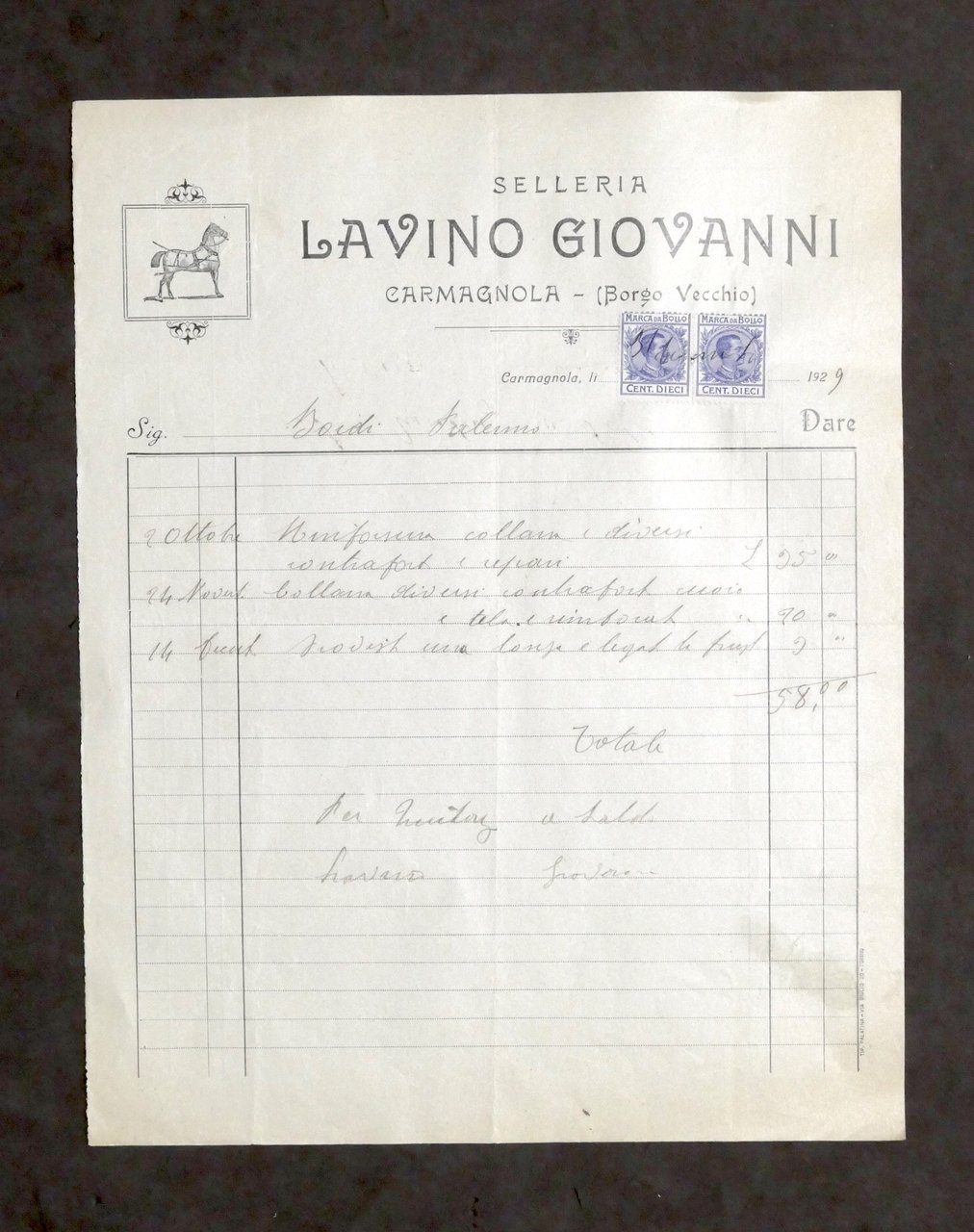 Pubblicità - Selleria Lavino Giovanni - Carmagnola - Fattura Dicembre …