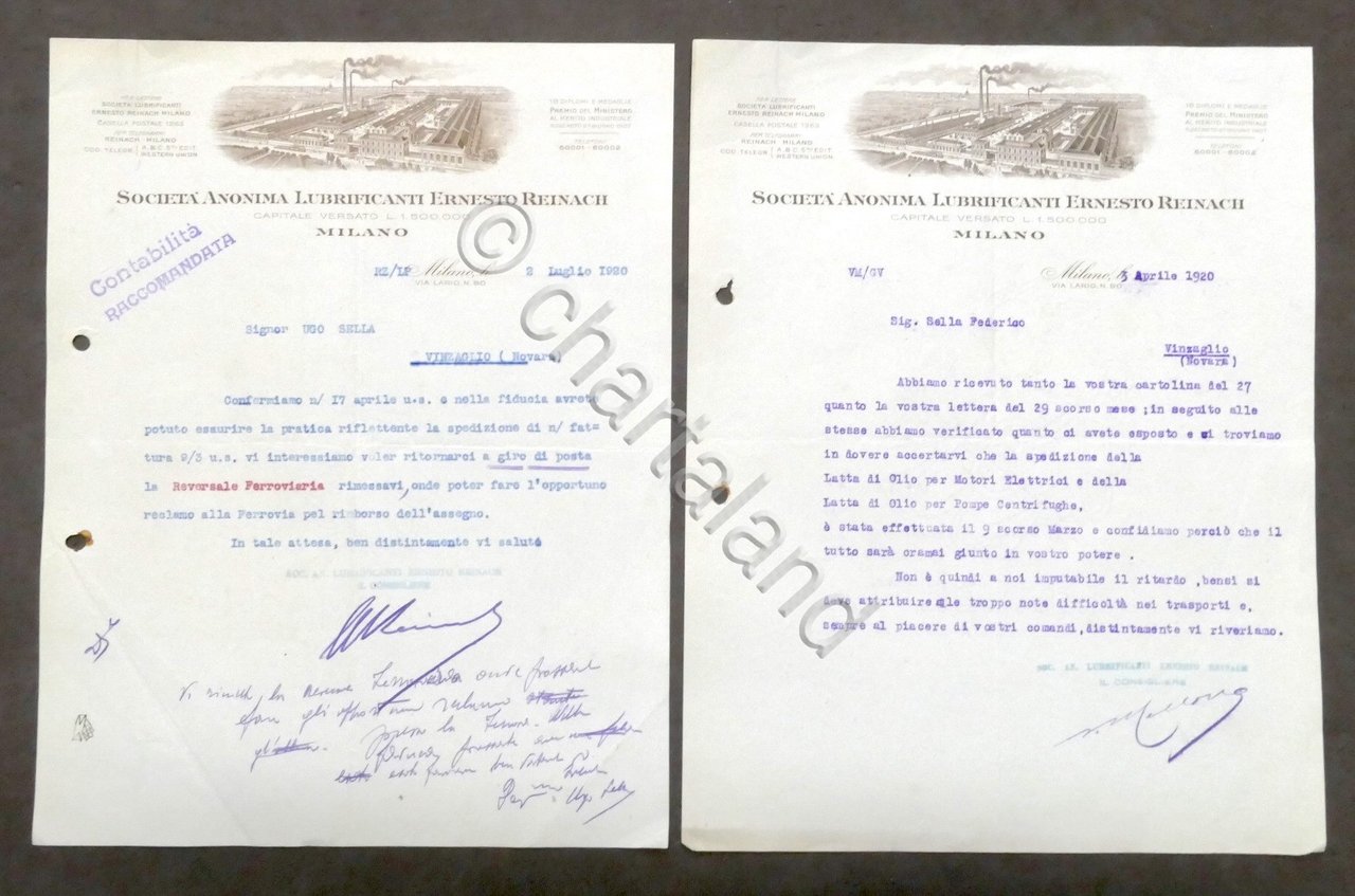 Pubblicità 2 Fatture - Società Anonima Lubrificanti E. Reinach - …
