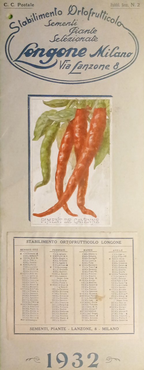 Pubblicità Brochure Calendario Stabilimento Ortofrutticolo Longone Milano - 1932