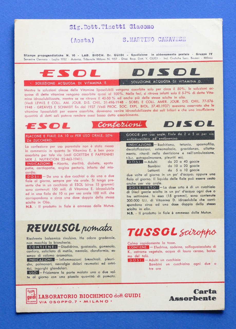 Pubblicità Carta Assorbente - Esol Disol Revulsol Tussol - Lab. … | Immagine principale