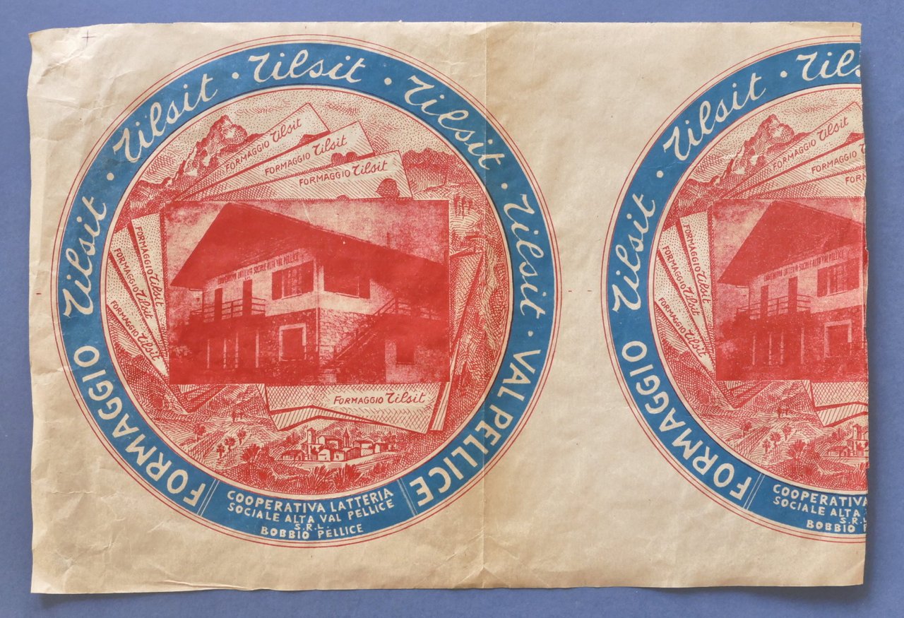 Pubblicità Carta confezione epoca Formaggio Tilsit Latteria Sociale Val Pellice