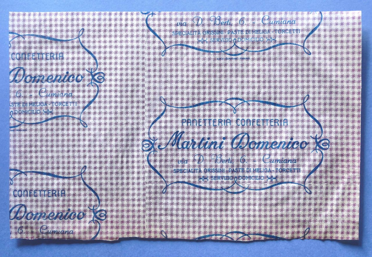 Pubblicità Carta confezione epoca Panetteria Confetteria Martini - Cumiana