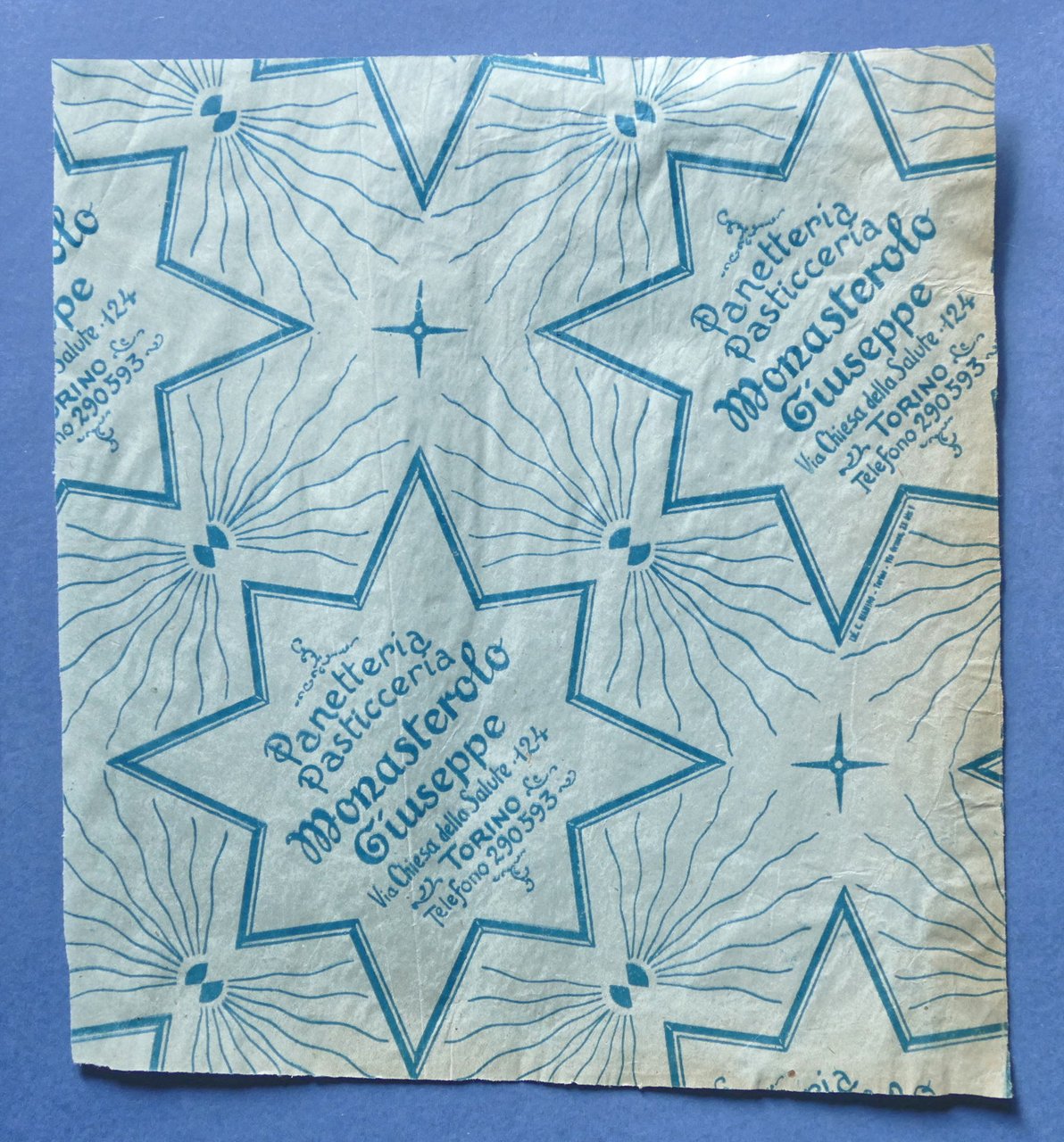 Pubblicità Carta confezione epoca Pasticceria Monasterolo G. - Torino