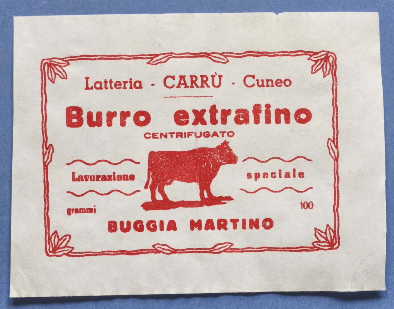 Pubblicità Carta confezione etichetta epoca Burro Buggia - Latteria Carrù …