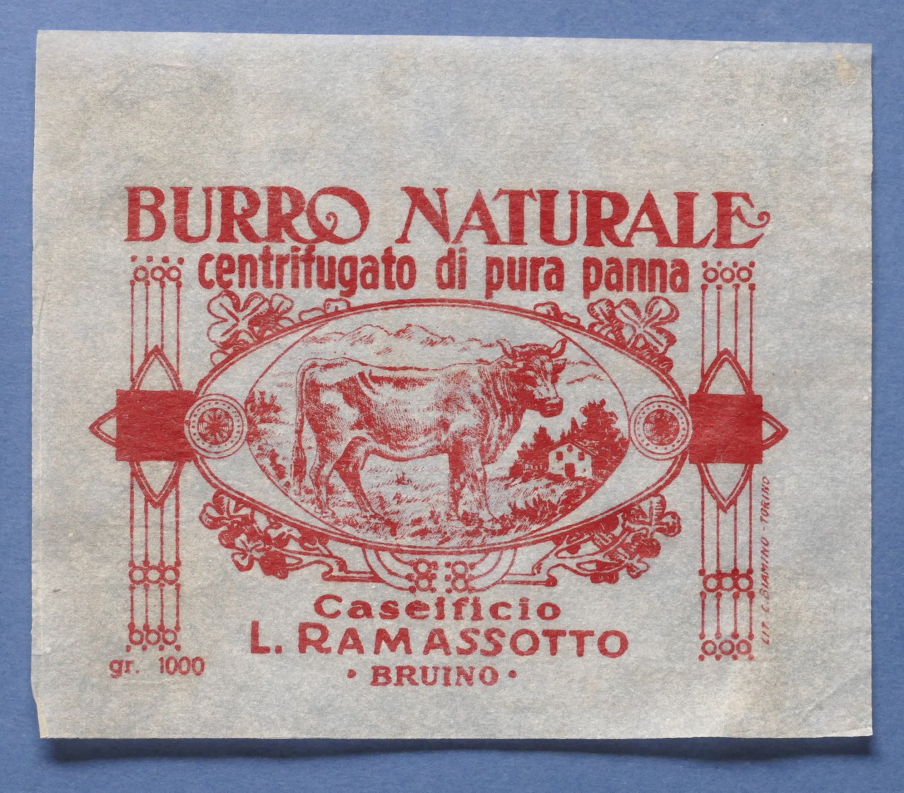 Pubblicità Carta confezione etichetta epoca Burro Caseificio Ramassotto - Bruino