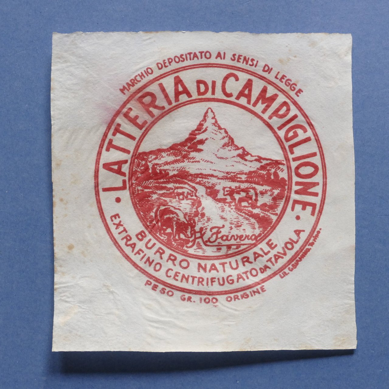 Pubblicità Carta confezione etichetta epoca Burro Latteria di Campiglione