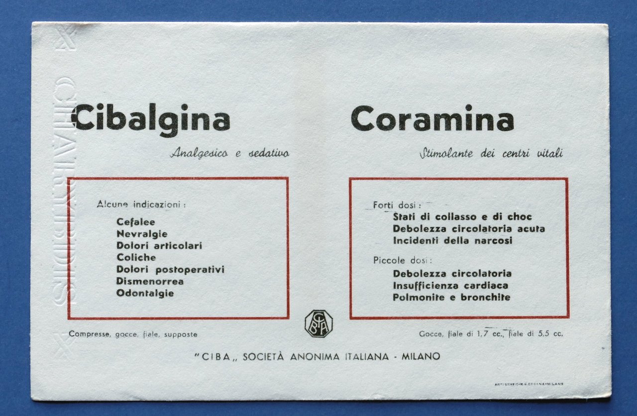 Pubblicità d'epoca Farmaceutica Carta Assorbente - Cibalgina - Coramina | Immagine principale