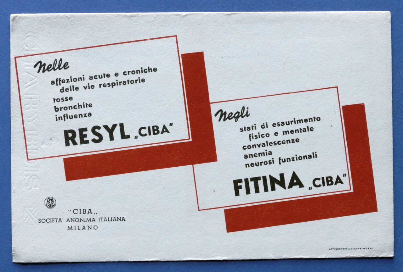 Pubblicità d'epoca Farmaceutica Carta Assorbente Resyl - Fitina - SocietÃ … | Immagine principale