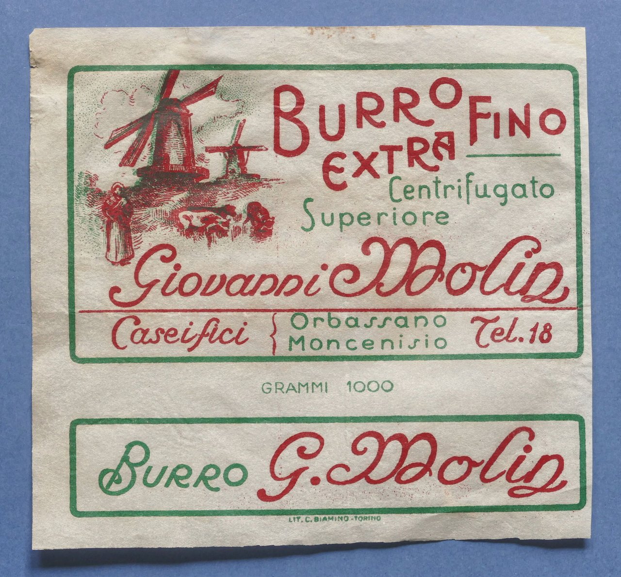 Pubblicità Etichetta epoca Burro Extra Fino G. Molin - Orbassano …