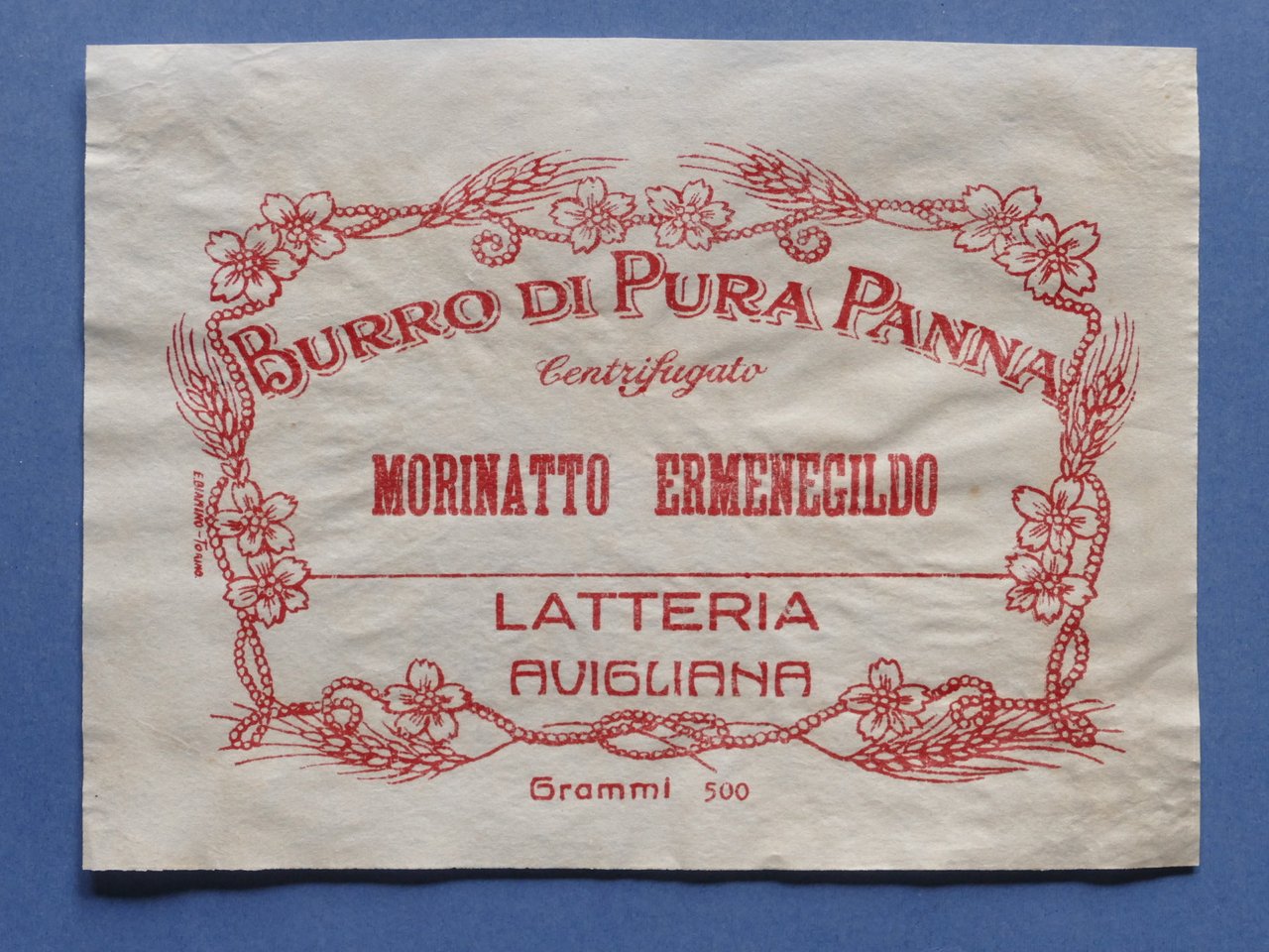 Pubblicità Etichetta epoca Burro Morinatto Ermenegildo - Latteria Avigliana