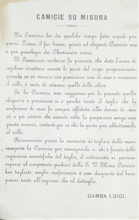 Pubblicità Fabbrica di camicie Colletti e Polsini Gamba Luigi - …