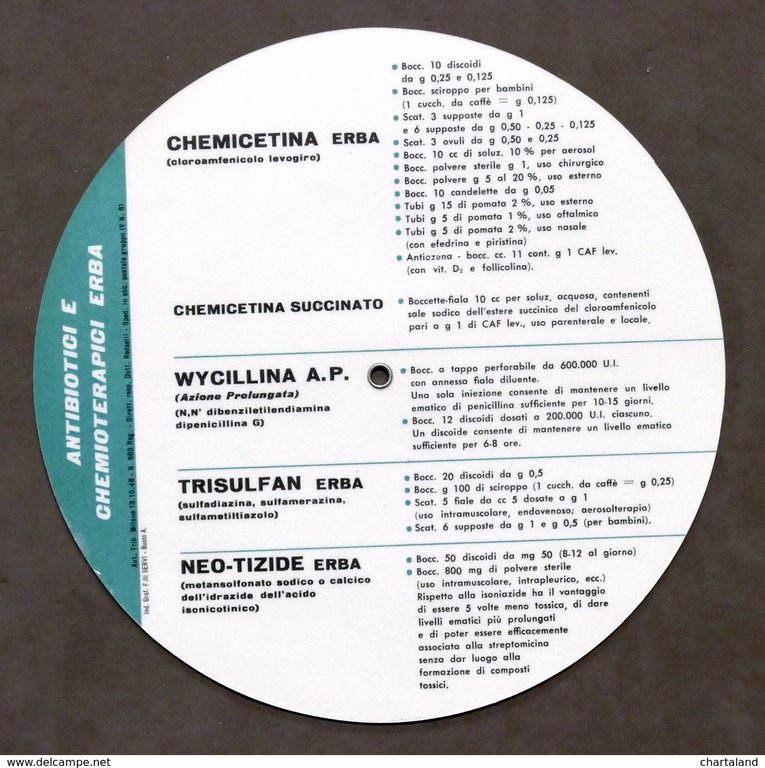 Pubblicità farmaceutica - Regolo comparativo Chemicetina Carlo Erba - anni …