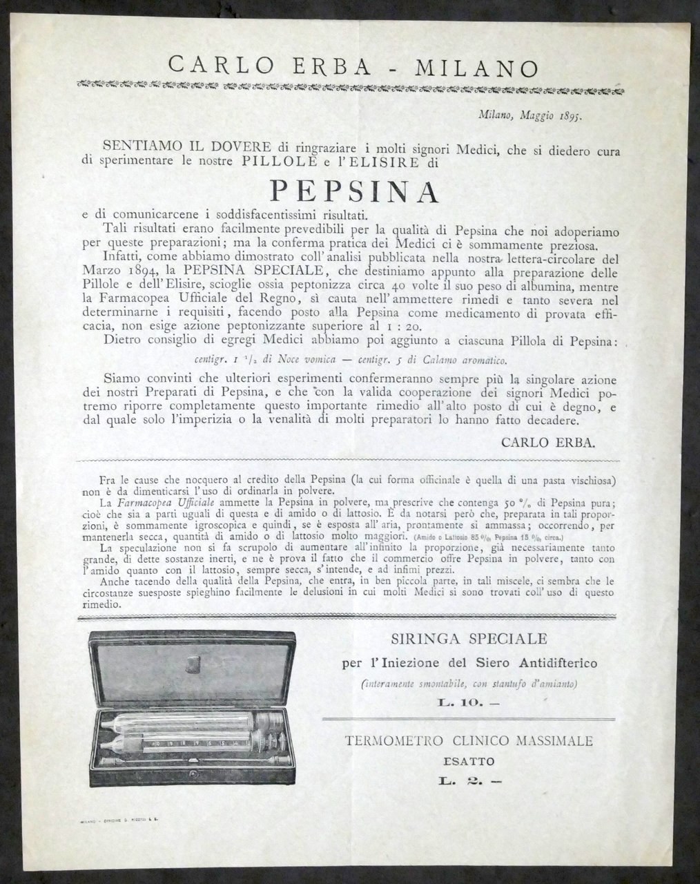 Pubblicità farmaceutica Brochure pillole di Pepsina e siringa Carlo Erba … | Immagine principale