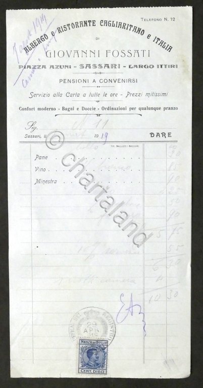 Pubblicità Fattura - Albergo e Ristorante di Giovanni Fossati - Sassari - 1919