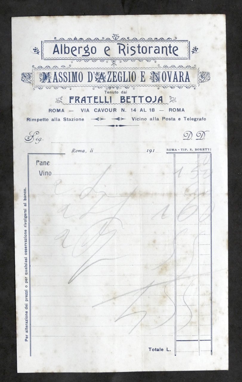 Pubblicità Fattura - Albergo Massimo d'Azeglio e Novara - Roma … | Immagine principale