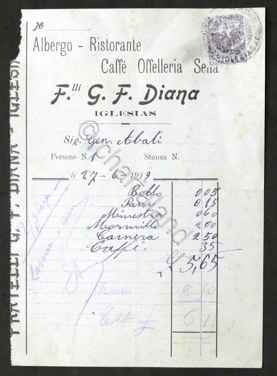 Pubblicità Fattura - Albergo Ristorante F.lli G.F. Diana - Iglesias …