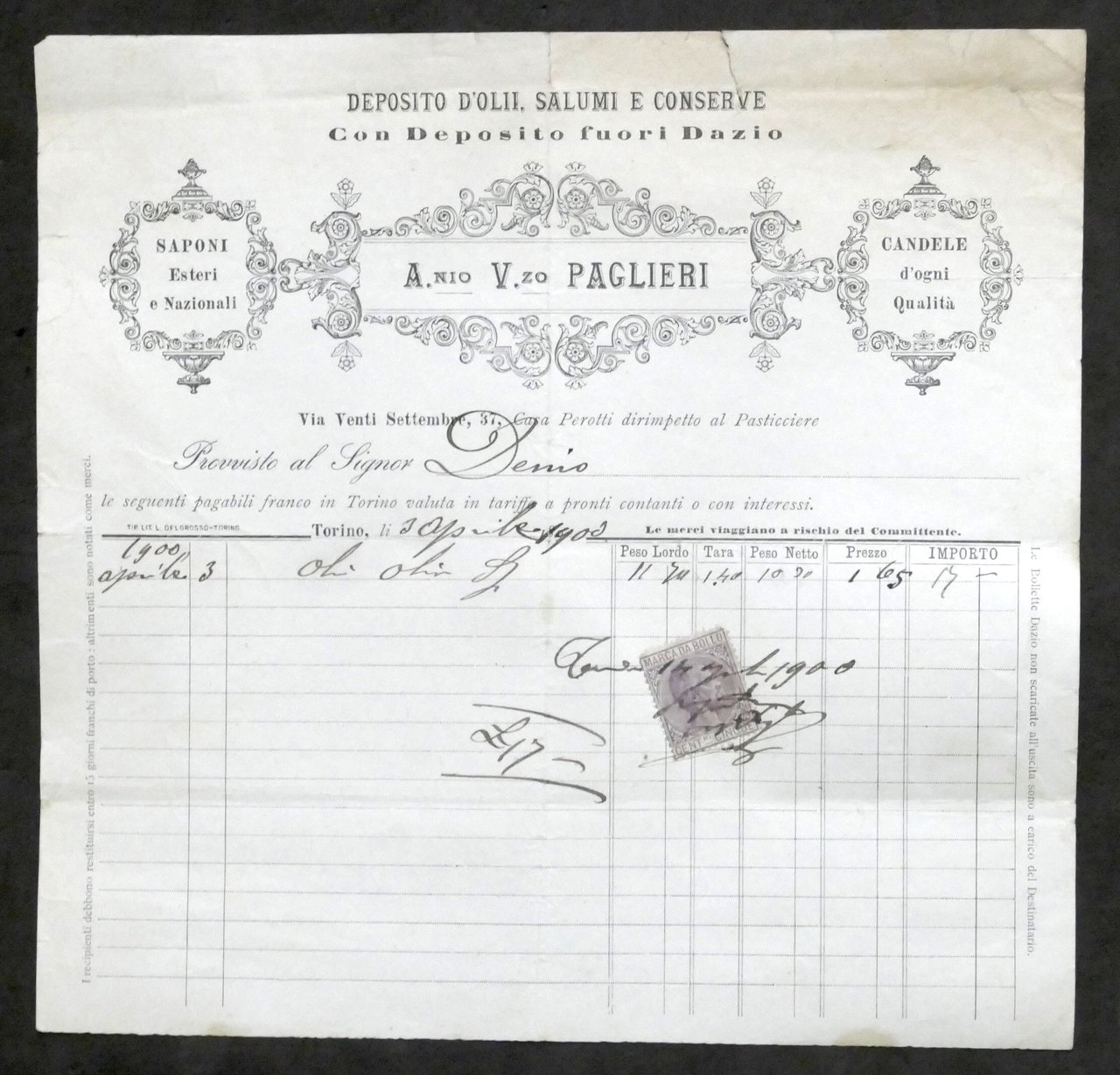 Pubblicità Fattura - Deposito d'olii, salumi e conserve Paglieri - … | Immagine principale