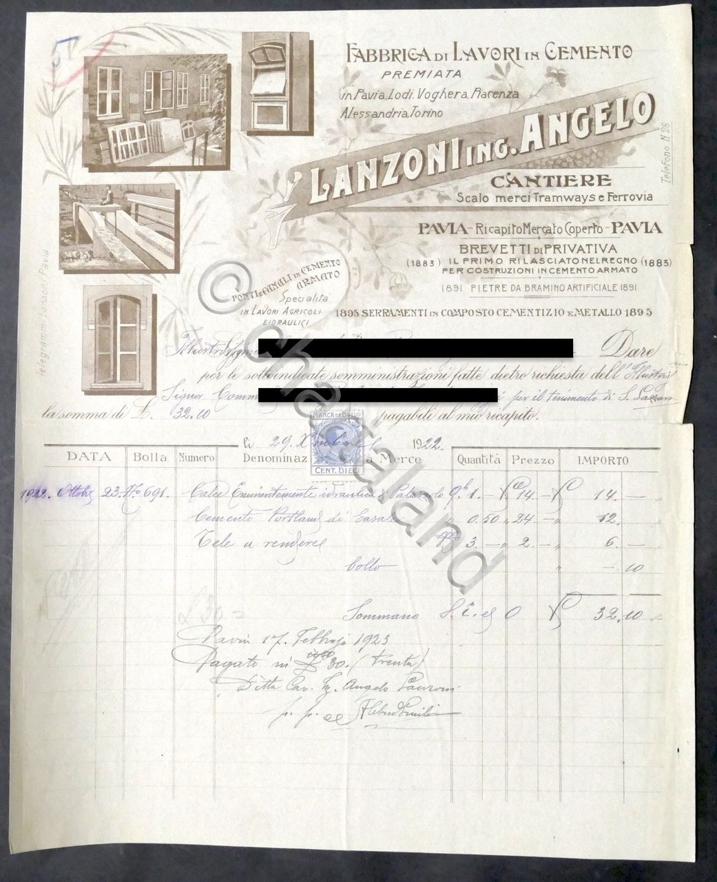 Pubblicità Fattura - Fabbrica di Lavori in Cemento Lanzoni Angelo …