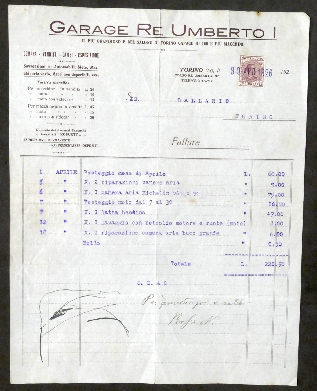 Pubblicità Fattura - Garage Re Umberto I - Torino - … | Immagine principale