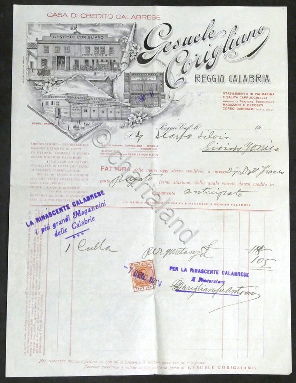 Pubblicità Fattura - Gesuele Corigliano - Reggio C. - Fabbrica di Mobilia - 1924