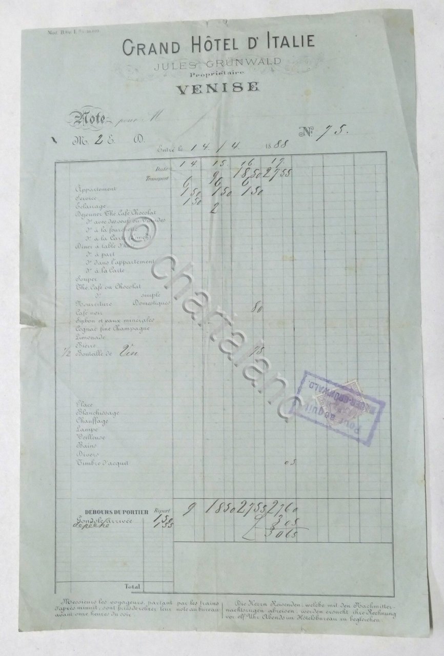 Pubblicità Fattura - Grand Hotel d'Italie - Venezia - 1888