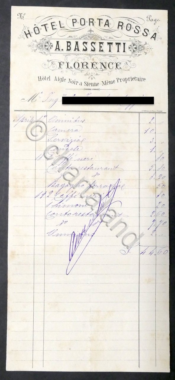 Pubblicità Fattura - Hotel Porta Rossa - Firenze - 1900 …
