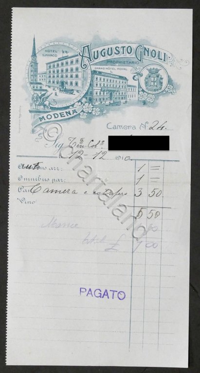 Pubblicità Fattura Augusto Noli - Hotel S. Marco - Hotel Royal - Modena 1910
