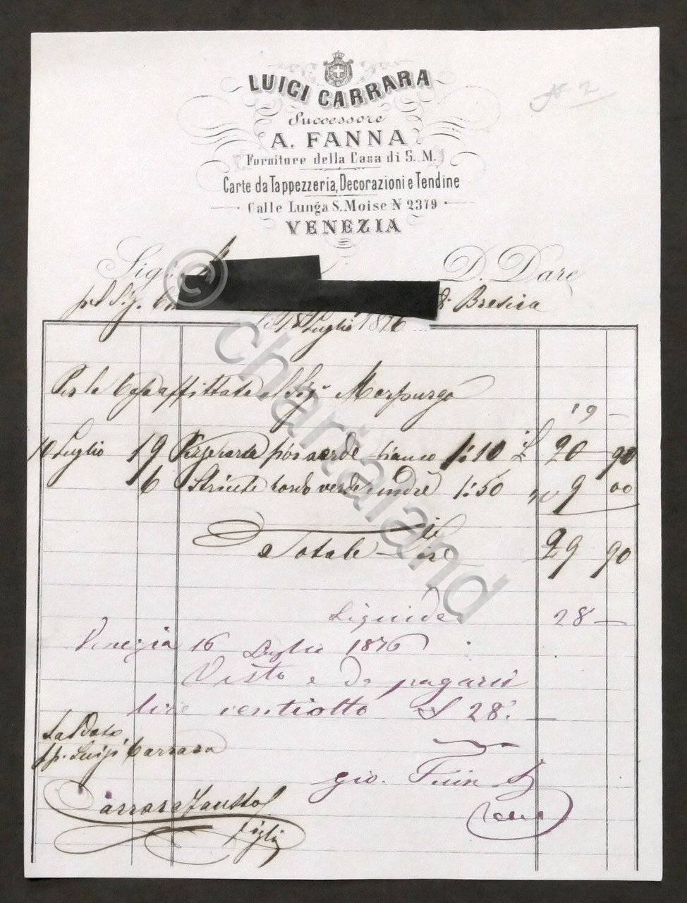 Pubblicità Fattura Luigi Carrara - Venezia - Carte da Tappezzeria …