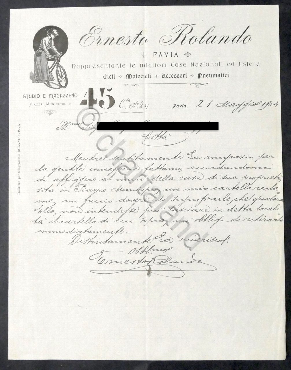 Pubblicità Lettera - Ernesto Rolando: Cicli Motocicli Pneumatici - Pavia …