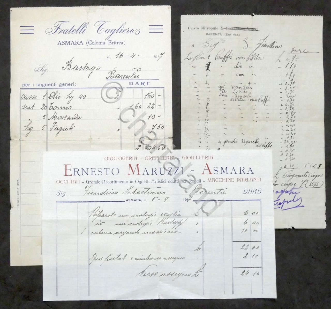 Pubblicità Lotto 3 fatture negozi colonia Eritrea - 1917