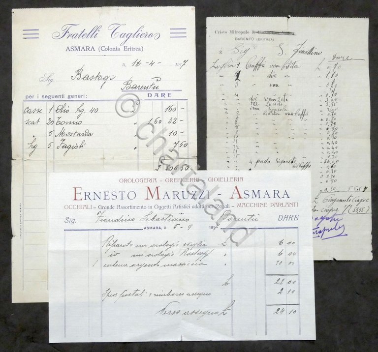Pubblicità Lotto 3 fatture negozi colonia Eritrea - 1917