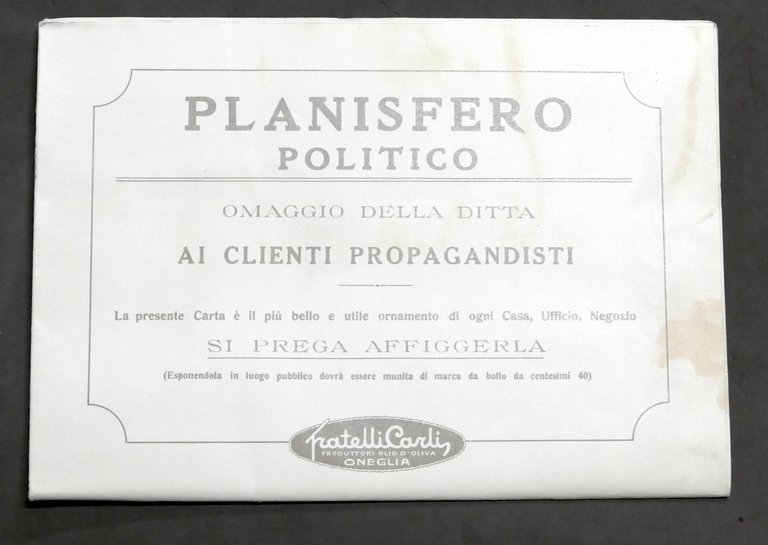 Pubblicità Olio d?oliva Planisfero Politico Omaggio ditta Carli Oneglia 1935 …