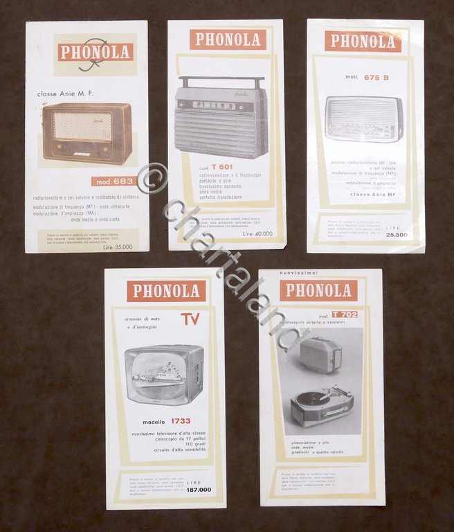 Pubblicità Radiotecnica - Phonola - Lotto 5 brochure apparecchi vintage