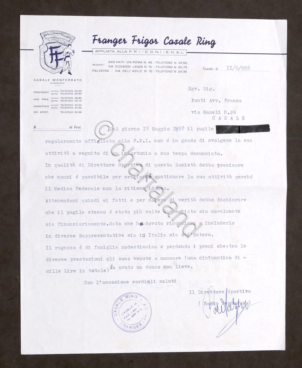 Pugilato - Comunicazione Associazione Franger Frigor Casale Ring - 1958