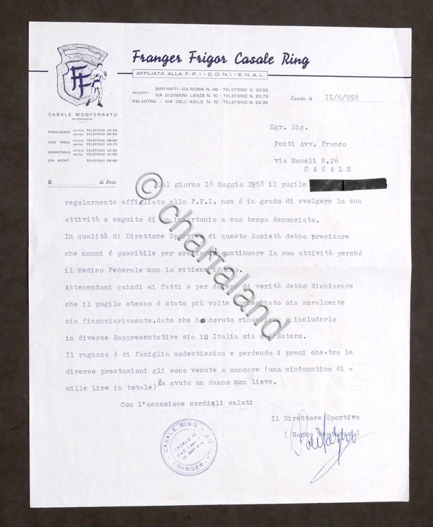 Pugilato - Comunicazione Associazione Franger Frigor Casale Ring - 1958