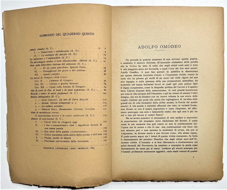 Quaderni della Critica diretti da B. Croce - Agosto 1946 …