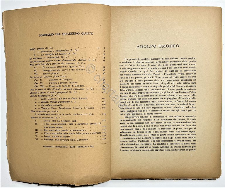 Quaderni della Critica diretti da B. Croce - Agosto 1946 …