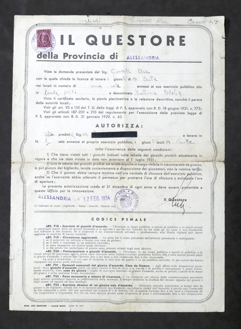 Questore Provincia Alessandria - Casale - Licenza giochi pubblico esercizio …