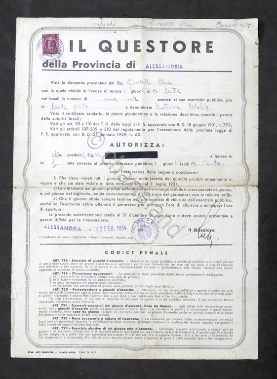 Questore Provincia Alessandria - Casale - Licenza giochi pubblico esercizio …
